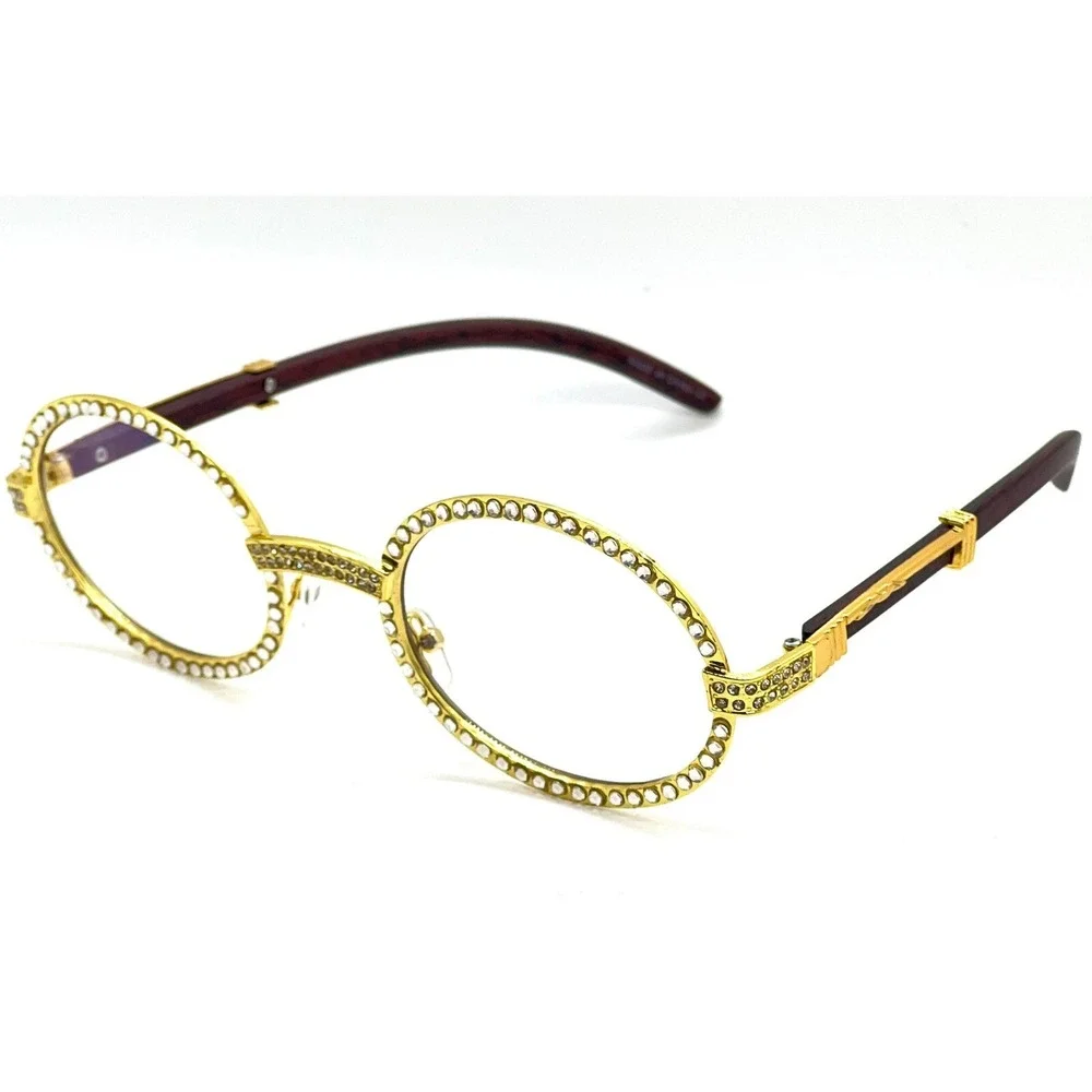Rhinestone Glasses Oval Clear‎ Lens Gold Frame Wood Arm Fashion Eyewear Lentes